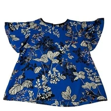 W5 Floral Flowy Short Sleeve Blouse Shirt Size Medium Blue