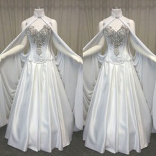 Vintage White Ivory Wedding Dresses with Cape A Line Satin Beaded Bridal Gowns