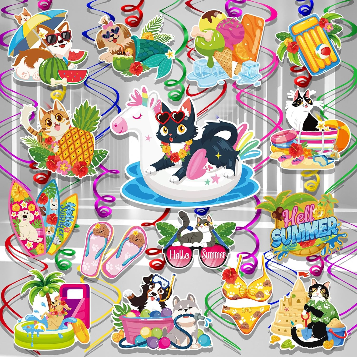 29Pcs Summer-Themed Hanging Swirl Decorations for Pet-Friendly Pool Parties