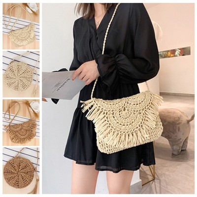 Stroh Portemonnaie Damen - Böhmische Clutch Mit Handschlaufe, Beige, Sommerlich