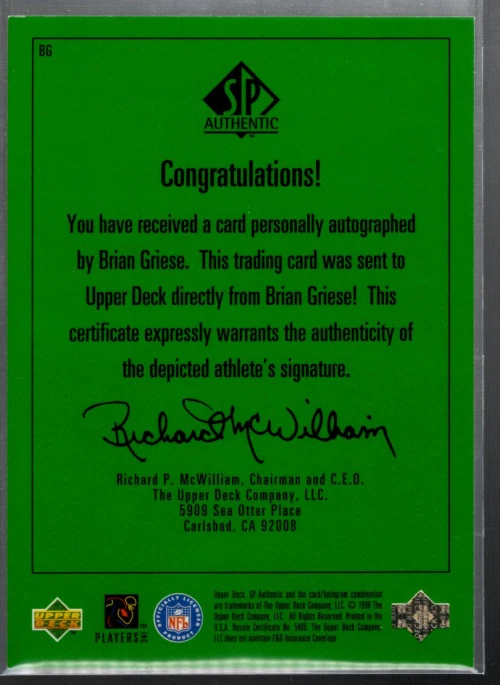 A7570- 1998 SP Authentic Player's Ink Green #BG Brian Griese Auto - NM-MT - Image 2 of 2