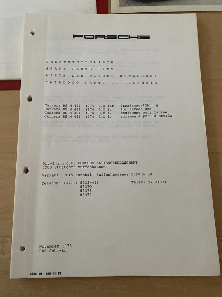 porsche 911 Carrera 3.0 RS brochure Client Information Spare Parts Catalogue - Image 2 of 4