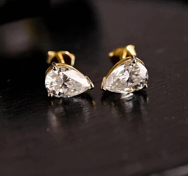 14K Gold Plated 2Ct Pear Moissanite Push Back Stud Earrings