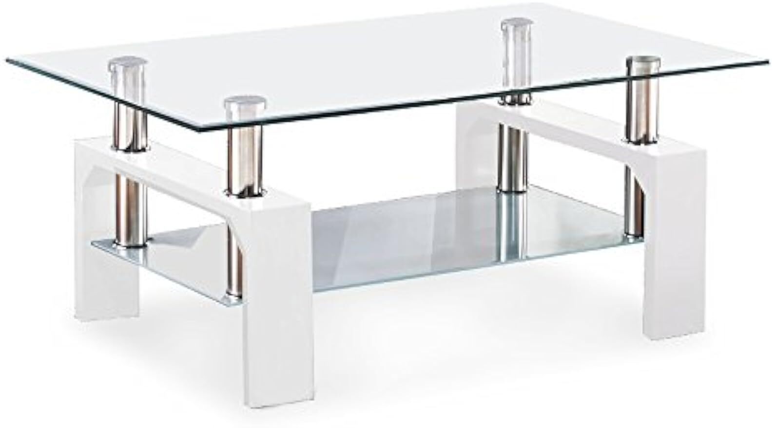 Rectangle Glass Coffee Table-White Modern Side Coffee Table Lower Shelf Metal