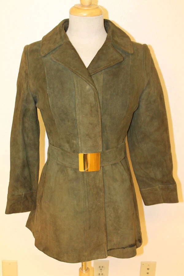 WOMENS VINTAGE OLIVE GREEN SHEARLING SUEDE BELTED TRENCH COAT JACKET SZ 6 FITTED