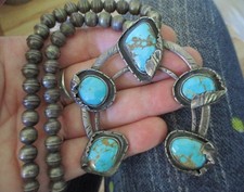Old Native American Navajo Indian Sterling Turquoise Naja Necklace 17.5