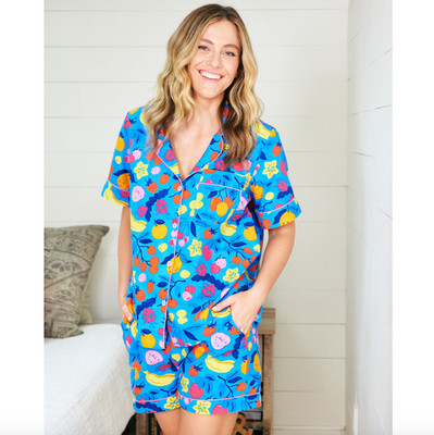 Printfresh Smoothie Time Short Sleeve Pajama Set, Tropical Blue Size Small Fruit