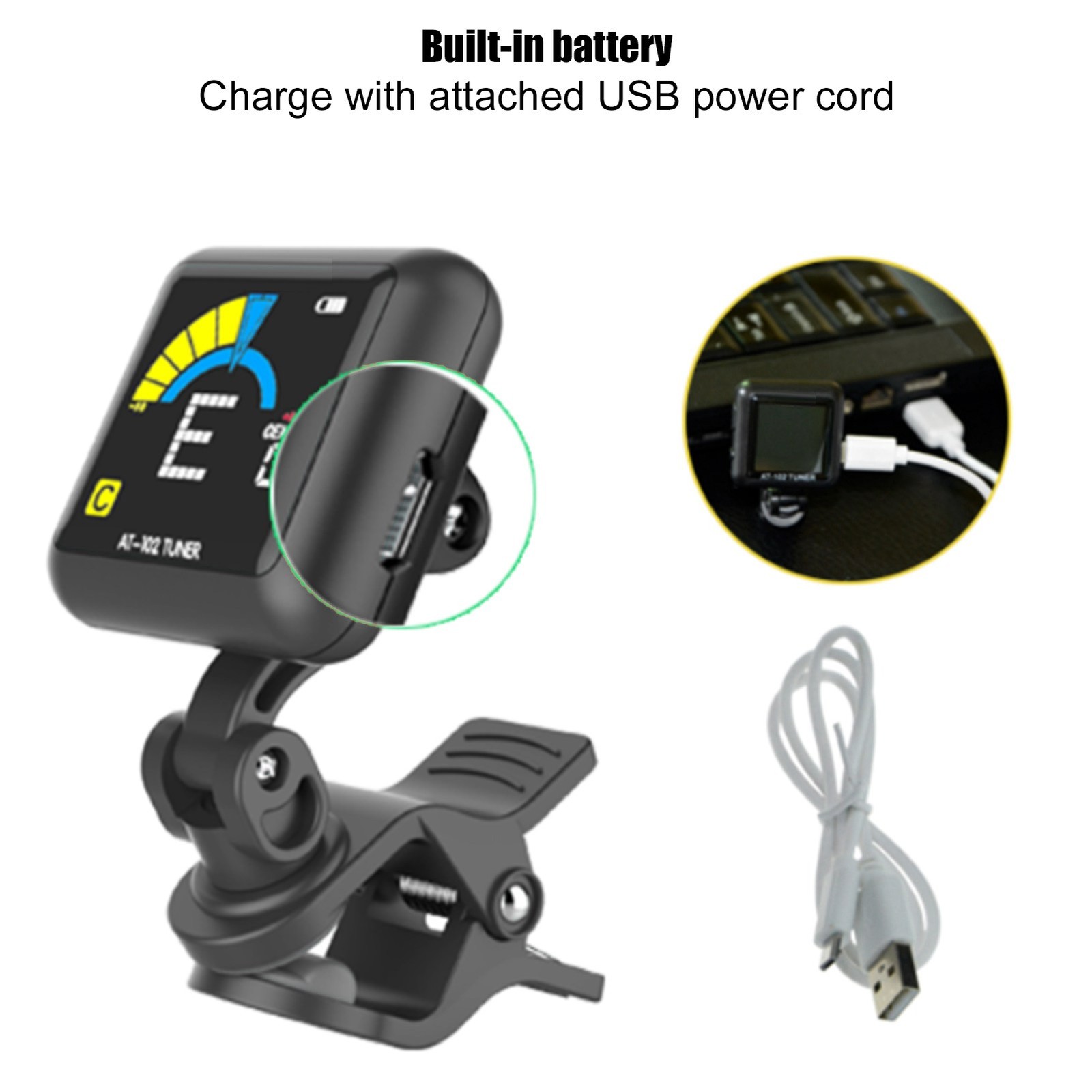 _ Guitar Clipon Tuner USB Rechargeable Builtin Battery Violin Ukulele