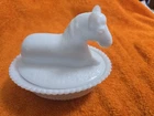 McKee Horse on Nest, 5” Covered Dish, Pony Resting, Vintage White Milk glass