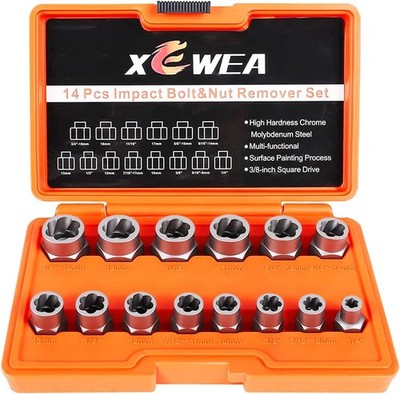 Professional 14PCS Bolt Extractor Set, 3/8'' Drive Impact Stripped Bolt Remover