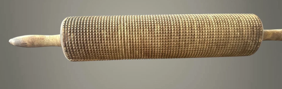 Primitive Wooden Rolling Pin Carved Oat Rolling Crusher Squares Pattern - Image 2 of 4