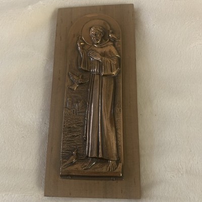 St Francis of Assisi Wall Plaque Copper Metal On Wood 6.5  X 3 