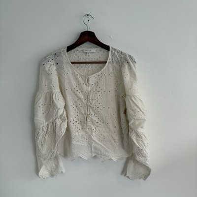 Marks & Spencer x Sienna Miller weiche weiße Lochstickerei Bluse UK 14 Boho