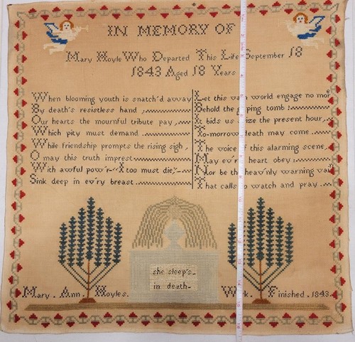 Large Antique Memorial Mourning Sampler dated 1843 – angels, trees, verses