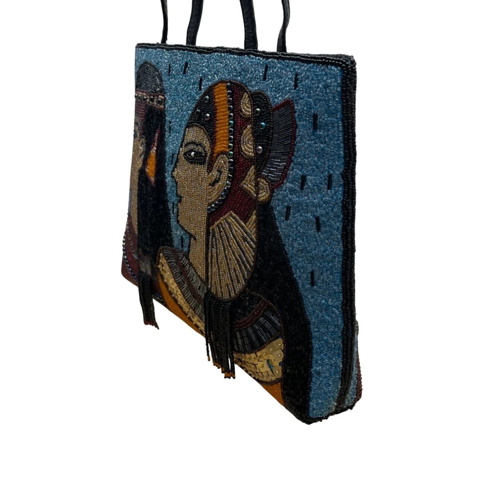 Bolso de Hombro Chicos Azul y Negro Diseño Arte Egipcio Con Cuentas Cierre de Cremallera Talla M Foto 4 de 4