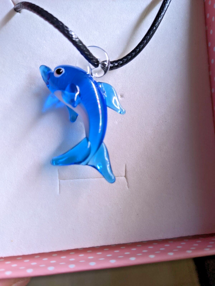 Pendentif Dauphin En Verre Façon Murano Bleu Et Blanc - Neuf Avec Boîte Cadeau