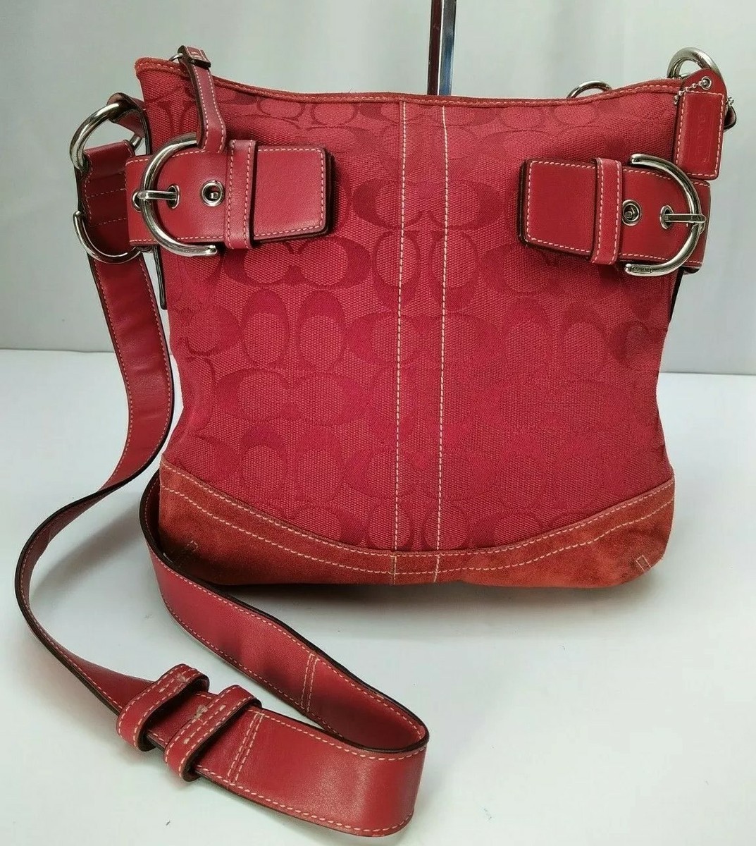 Coach Signature C Red Canvas Suede Leather Trim Buckle