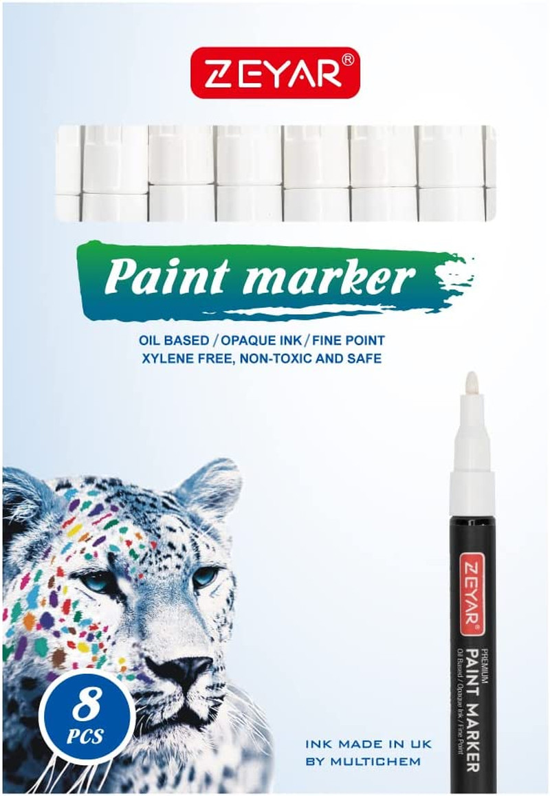 ZEYAR 8-Pack Oil-Based White Paint Markers, Fine Point