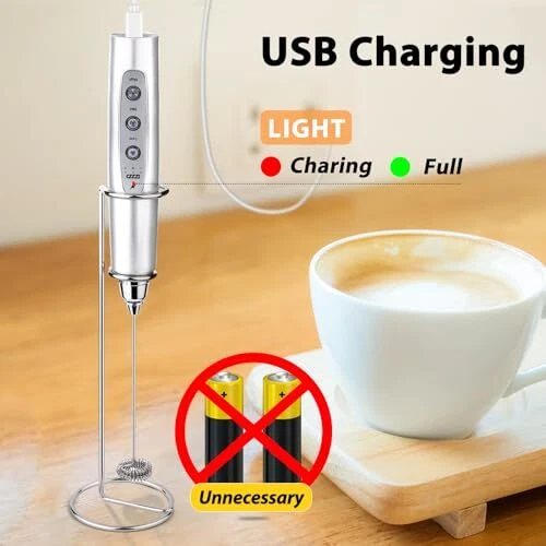 Milk Frother with Stand Rechargeable-Handheld Frother Wand Silver With Stand