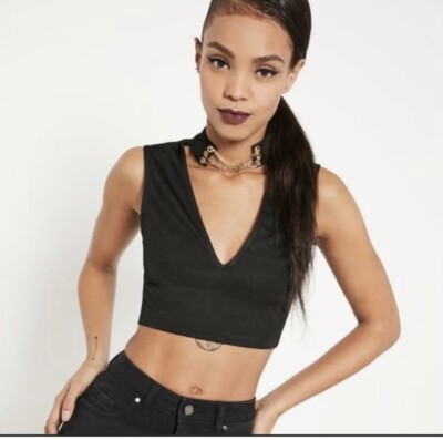 Missguided Crop Top Women's size 10 Black Zip-Up Back Choker V