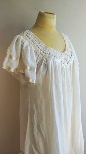 Medium Vintage Cotton Gauze Cream Dress, Boho Hippie Summer Flutter Sleeves Trap - Picture 6 of 8