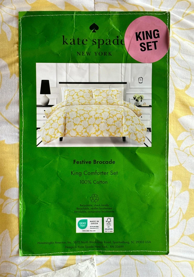 Kate Spade KING Size FESTIVE BROCADE Comforter Set (YELLOW WHITE LARGE FLORAL) - Image 2 of 4