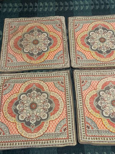 Set Of 4 Teal Red Yellow Mandela Pillow Covers Shams Boho Artsy 22x22 Square - Picture 2 of 20