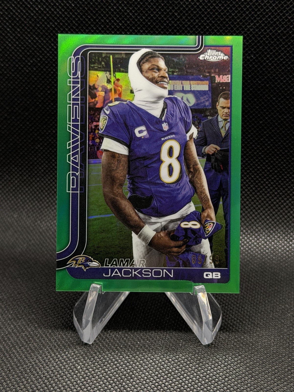 Lamar Jackson 2025 Topps Chrome Variation Green Refractor /99 Ravens