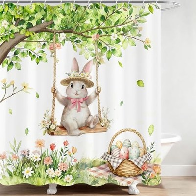 Spring Easter Shower Curtain,Green Leaves Floral Rabbit Eggs Shower Curtains 