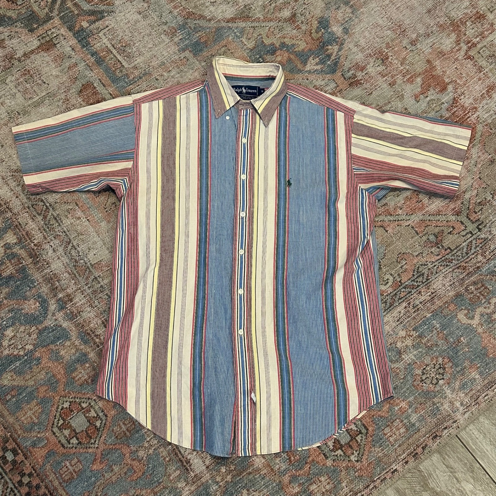 VTG 90s Ralph Lauren Polo Striped Shirt Short Sleeve Button Up M (L) Outside Tag