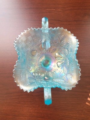 Very Pretty Ice Blue Northwood Carnival Glass Fruits & Flowers Bonbon
