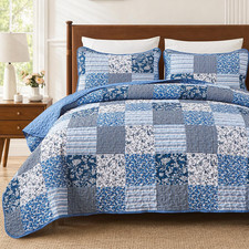 King Size Quilt, Boho Patchwork Floral Bedding Set, Blue