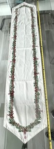 CHRISTMAS CENTER TABLE RUNNER "OFF WHITE" HOLLY, BOWS, RIBBONS, BERRYS, 15"x 72"