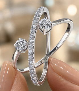 VVS1 D Color Moissanite Diamond Look Ring 925 Silver Size 7 Double Stone Band