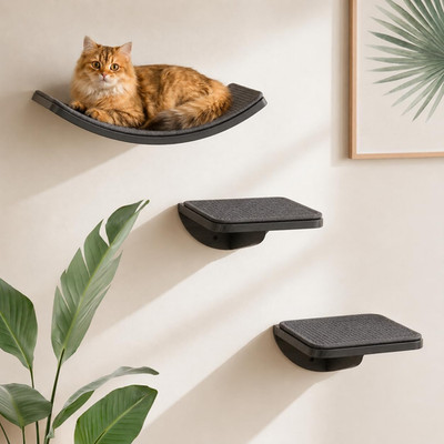 Cat Wall Shelves for Large Cats Set, Grey Curved Wall Sisal Bed and 2 Floating W