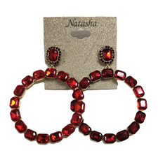 NEW NATASHA RED RECTANGLE CRYSTALS GOLD TONE 'O' SHAPE DROP EARRINGS