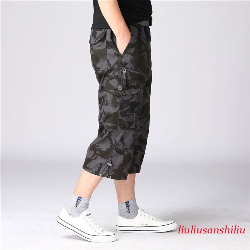 Mens Casual Twill 3/4 Length Pants Cargo Work Shorts Outdoor Hiking Cotton Pants