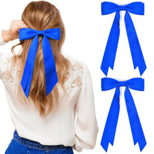 2PCS Silky Satin Hair Bows Hair Clip Blue Hair Ribbon Ponytail Holder Accessorie