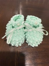 Vintage 1980s Handmade Crochet Baby Booties Mint Green Ribbon Faux Pearl