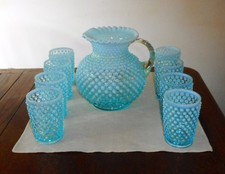 Vintage Fenton Blue Opalescent Hobnail Ruffled Pitcher  Eight 4 1/4" Tumblers