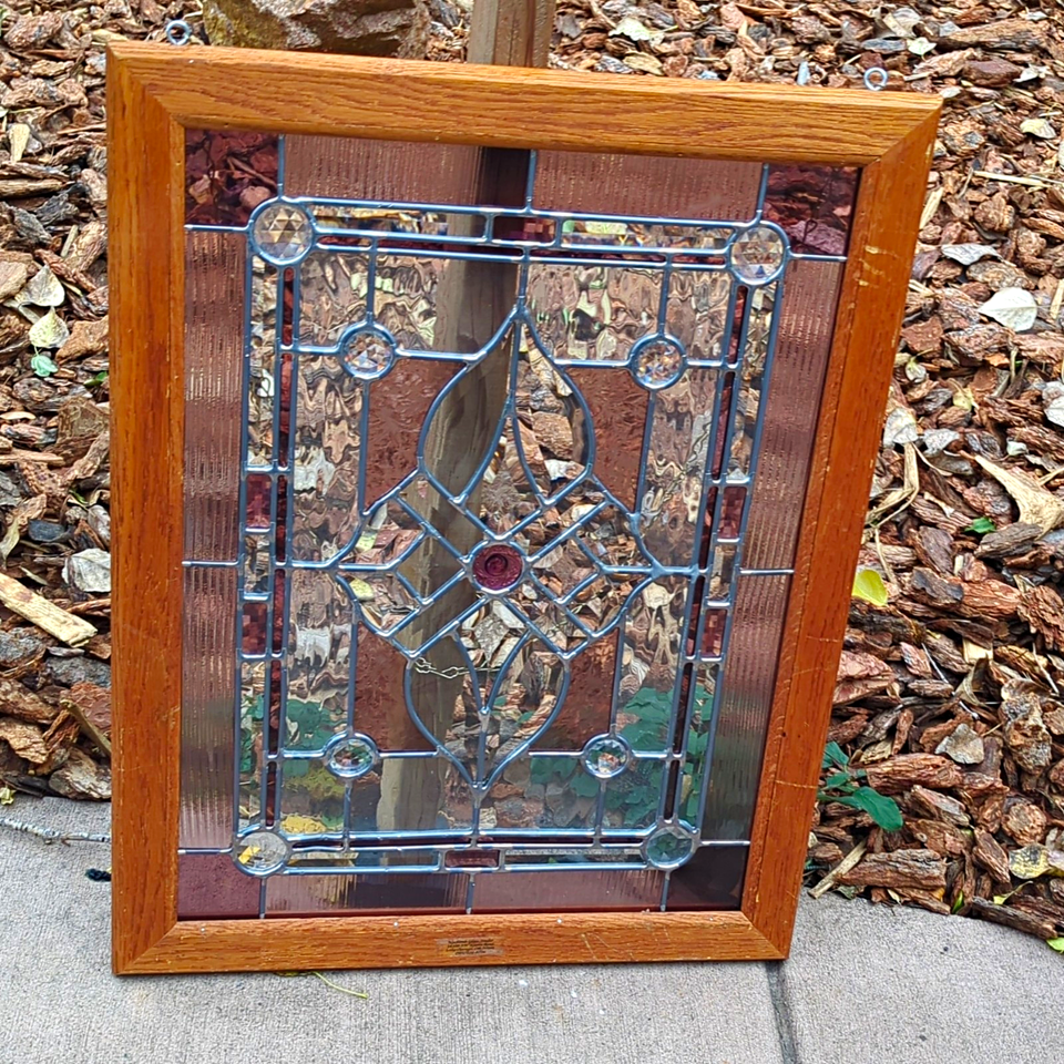 Unmarked Framed Stained Glass Window Panel Wood Frame Clear Lavender ...