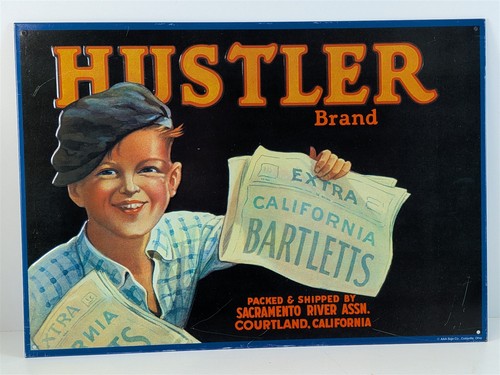 Hustler Brand Bartlett Pears California 16-1/8" Embossed Repro Tin Sign AAA