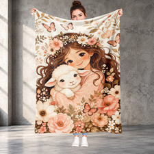 Girl Holding Lamb with Flowers Coral Fleece Blanket Bedroom Decor