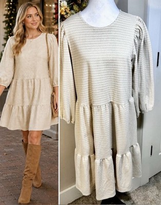  Draper James RSVP Tiered Shimmer Mini Dress Gold Cream 3/4 Puff Sleeve Sz L 