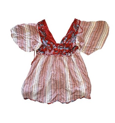 Free People Under the Sun Tunic Top Mini Dress Red Deep V Open Back Boho Medium