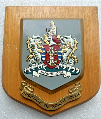 Borough of North Down - Vintage Armorial Heraldic Oak Shield / Plaque