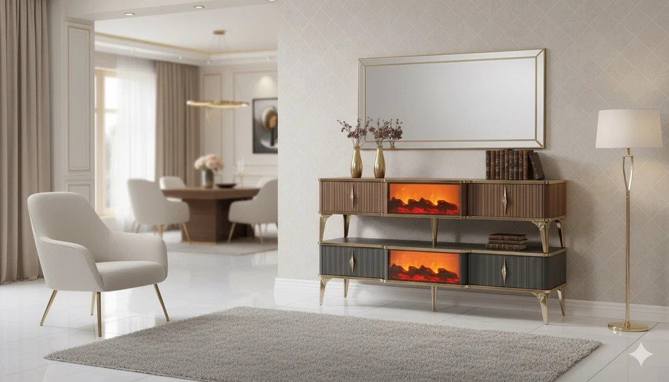 Sideboard Art Deco mit Kamin 160 cm – Modernes Design, LED-Beleuchtung, Zimmer - Bild 4 von 4