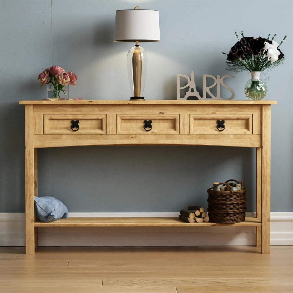 Corona 3 Drawer Console Table Shelf Mexican Solid Pine Wood Waxed Rustic Finish - Image 3 of 4