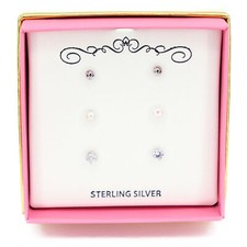 Sterling Silver Stellux Crystal  FW Cultured Pearl Post Earrings 3pc Set