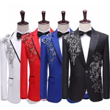 Men Blazer Suits Jacket Coat Top Flower Sequin Fitted Wedding Stage Perform